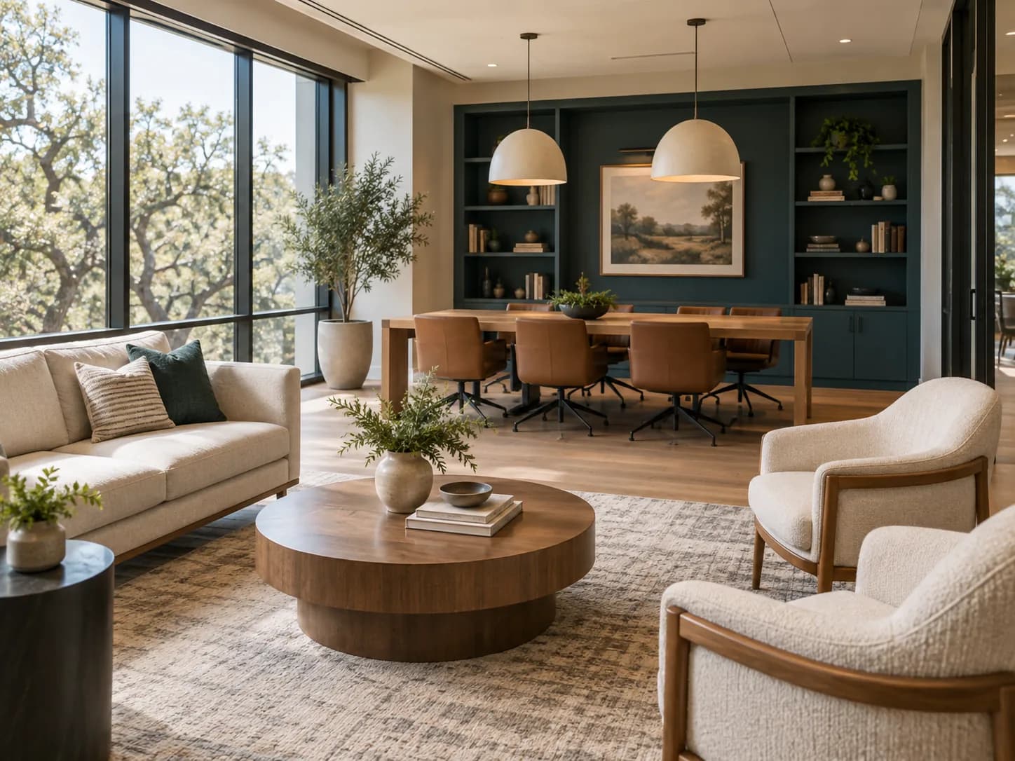 Illustration: a contemporary office lounge with a meeting table and warm daylight.