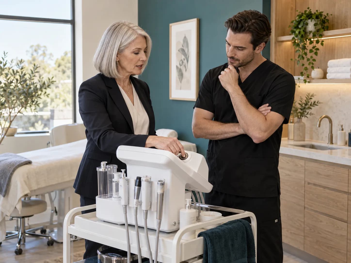 Illustration: a sales representative and clinician discuss an aesthetic treatment device.