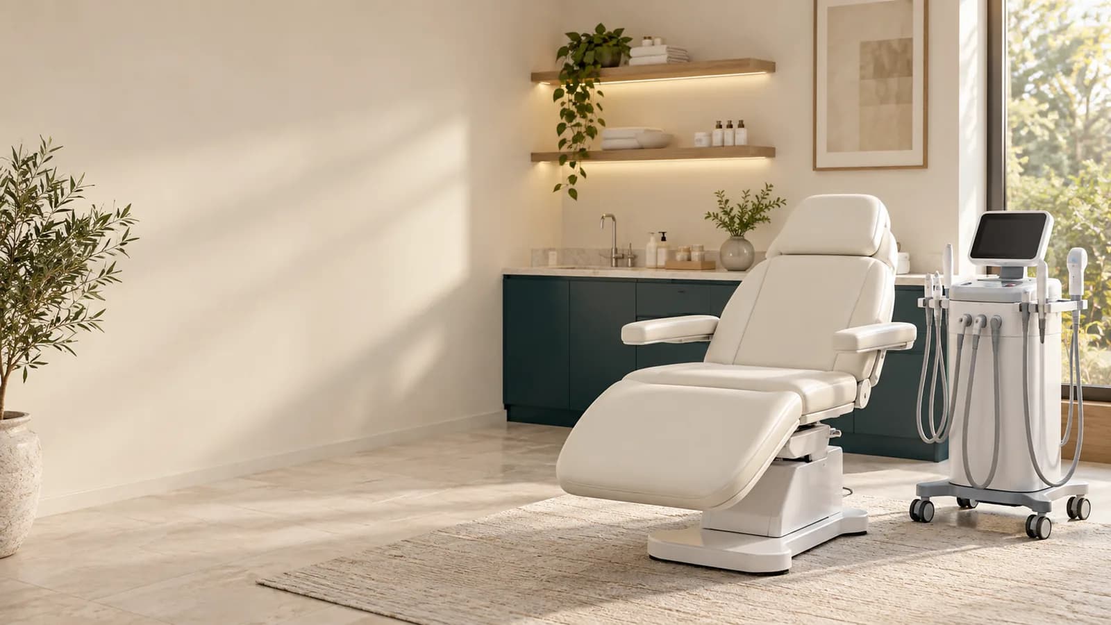 Illustration: an empty treatment chair and aesthetic device in a sunlit clinical room.