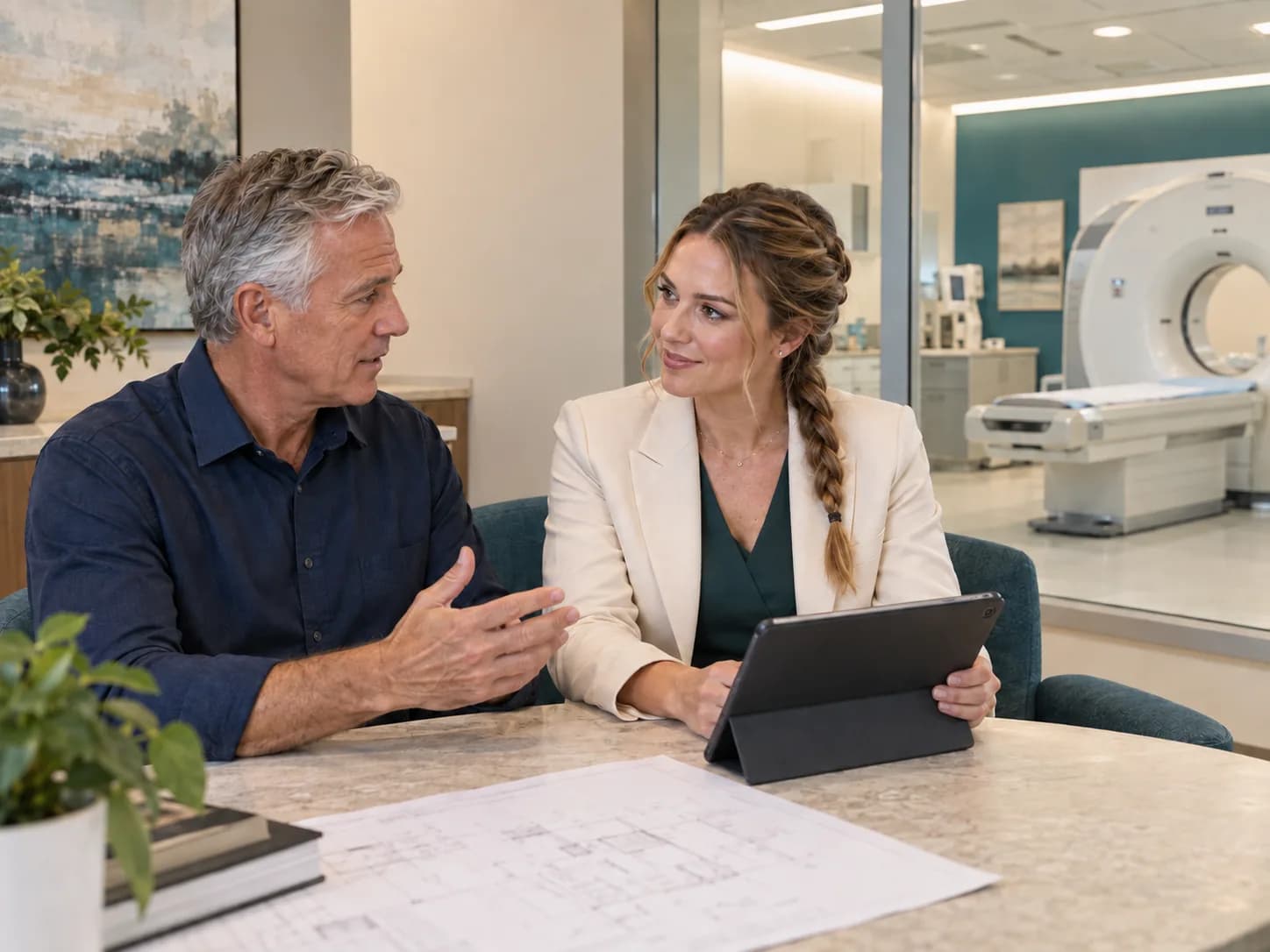 Illustration: two professionals review a tablet with a diagnostic scanner visible behind them.