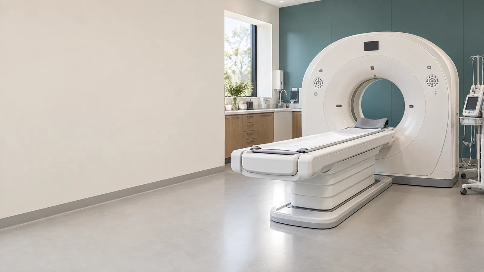 Illustration: a diagnostic CT scanner and patient table in an empty imaging room.