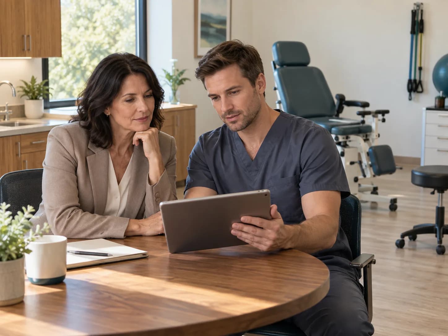Illustration: two professionals review a tablet in an orthopedic assessment room.