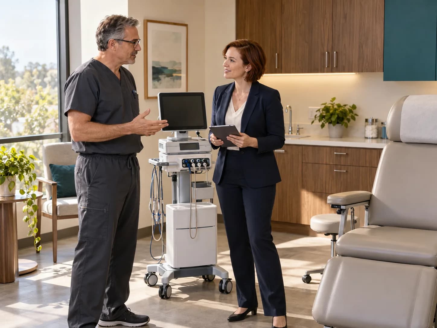 Illustration: a clinician and representative talk beside equipment in a neurology practice.