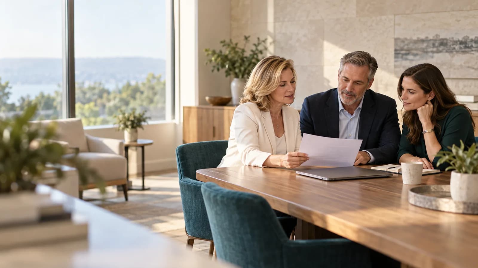 Illustration: three professionals review a document around a meeting table.