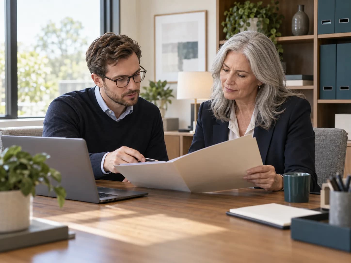 Illustration: two colleagues review documents together at an office desk.