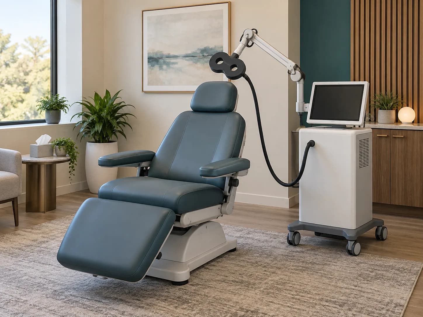 Illustration: TMS treatment system in a clinical setting.