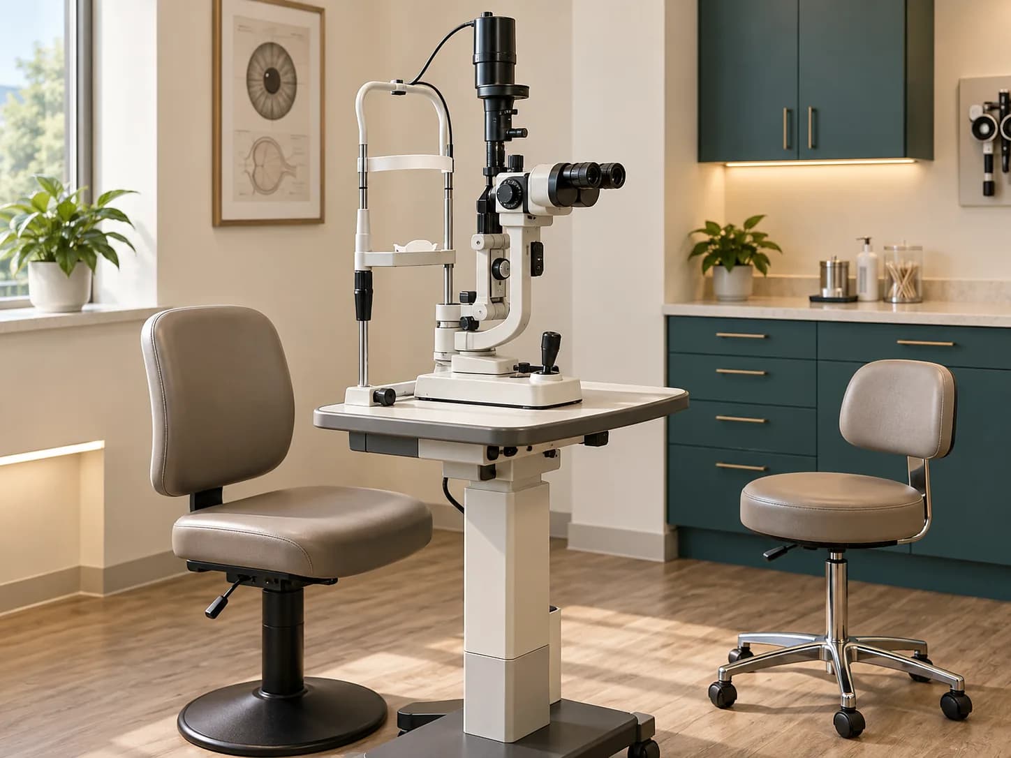 Illustration: slit lamp examination station in a clinical setting.
