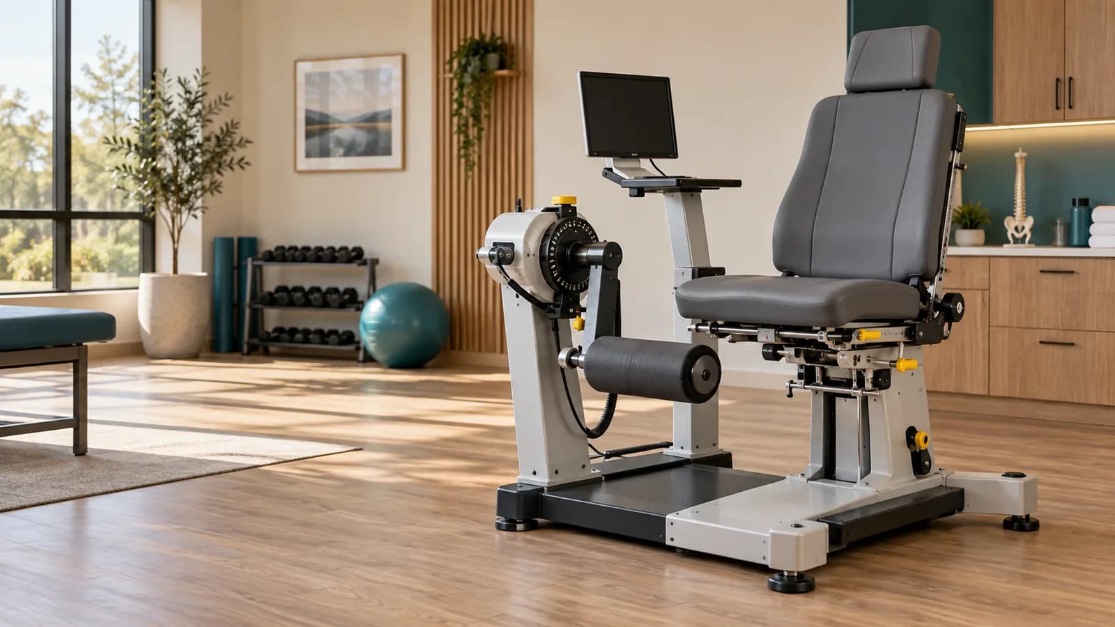 Illustration: isokinetic rehabilitation dynamometer in a clinical setting.