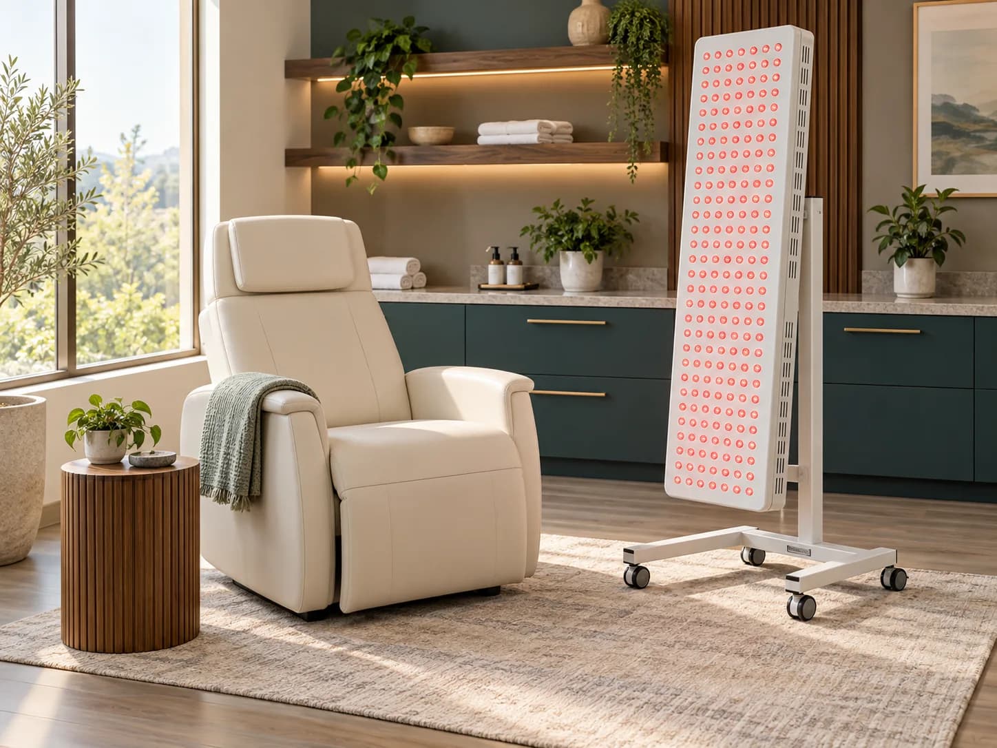 Illustration: red light therapy panel in a clinical setting.