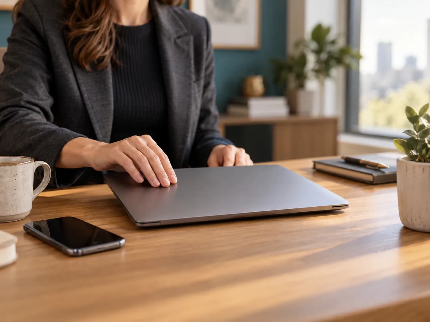 Illustration: a professional closes a laptop on a desk beside a smartphone.