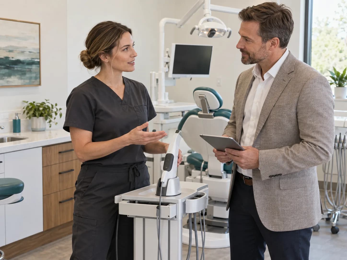 Illustration: a clinician and sales representative review a tablet in a dental operatory.