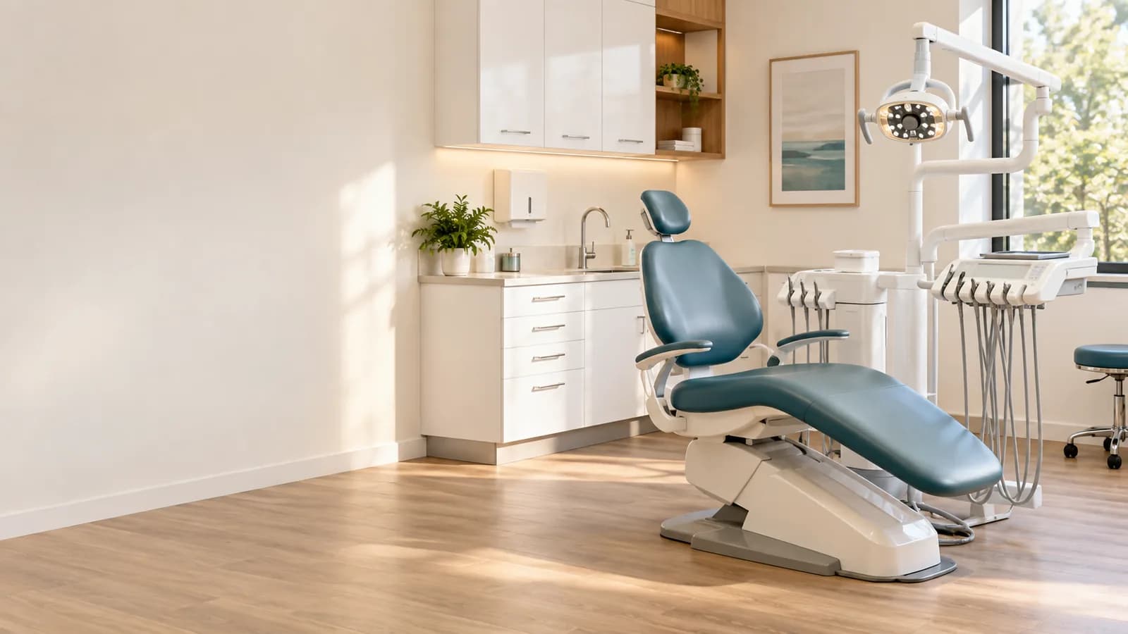Illustration: an empty dental chair with delivery instruments and an overhead examination lamp.