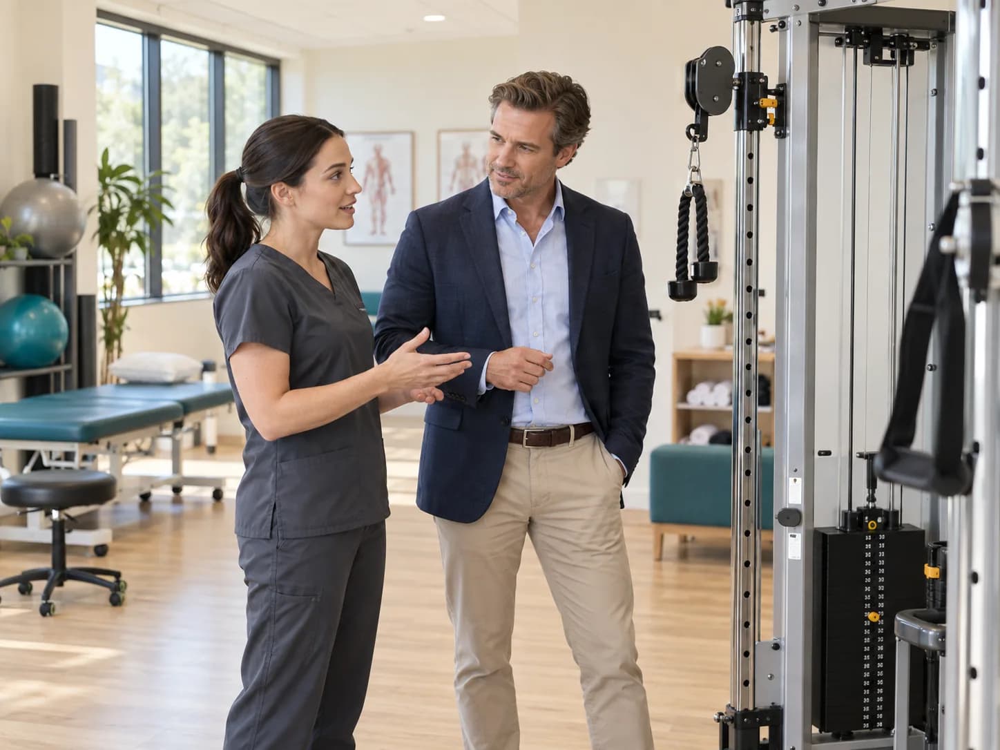 Illustration: a therapist and sales representative discuss rehabilitation exercise equipment.