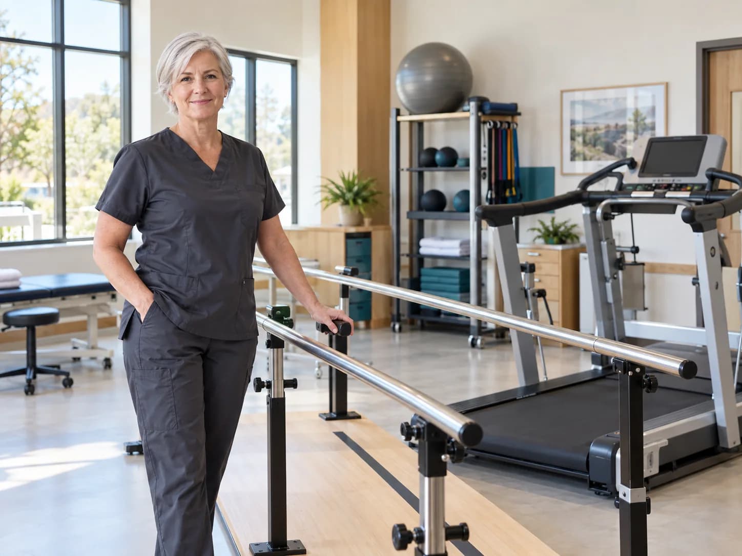 Illustration: a clinician stands beside parallel bars and a rehabilitation treadmill.