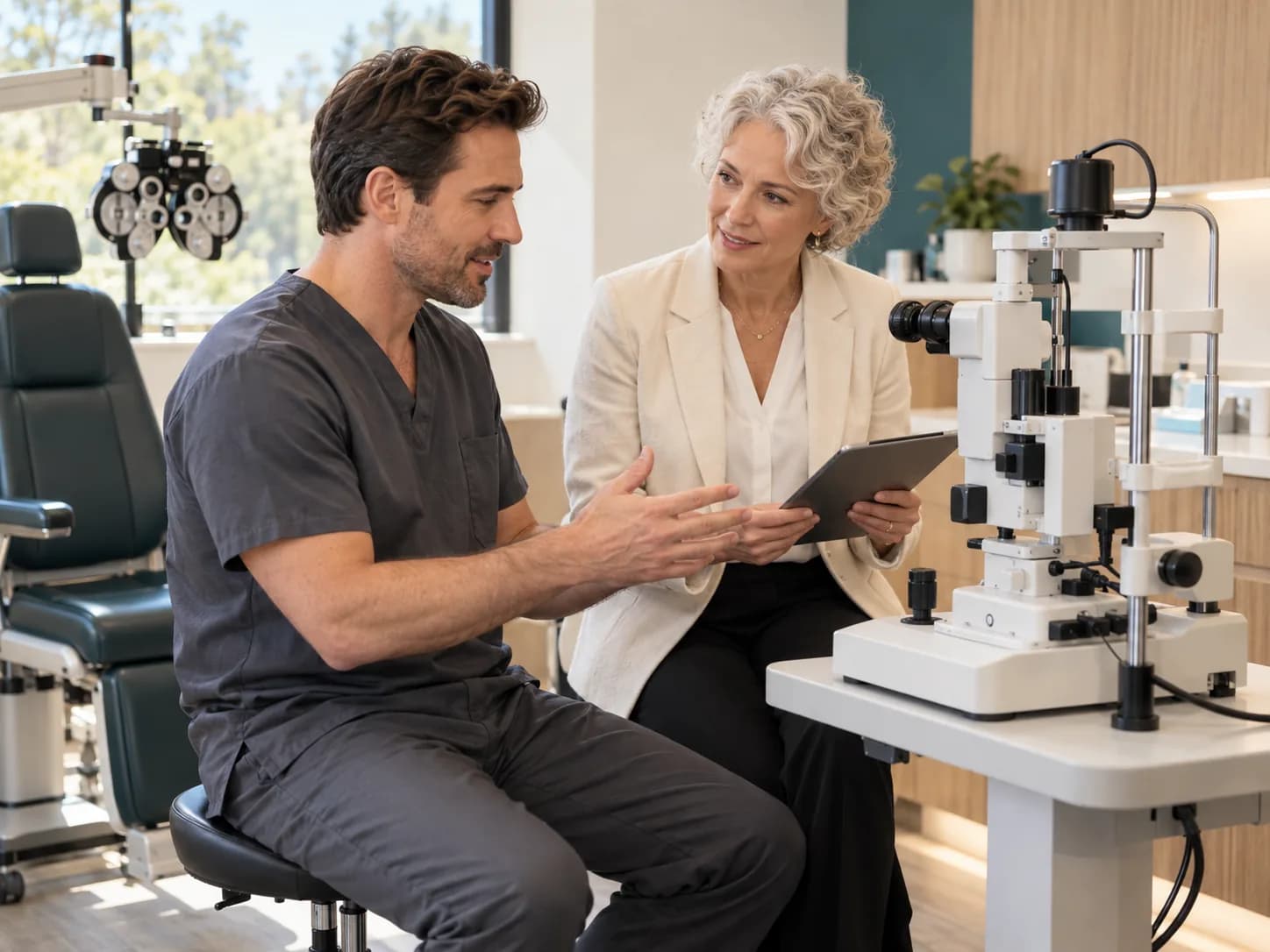 Illustration: two professionals review a tablet beside ophthalmic examination equipment.