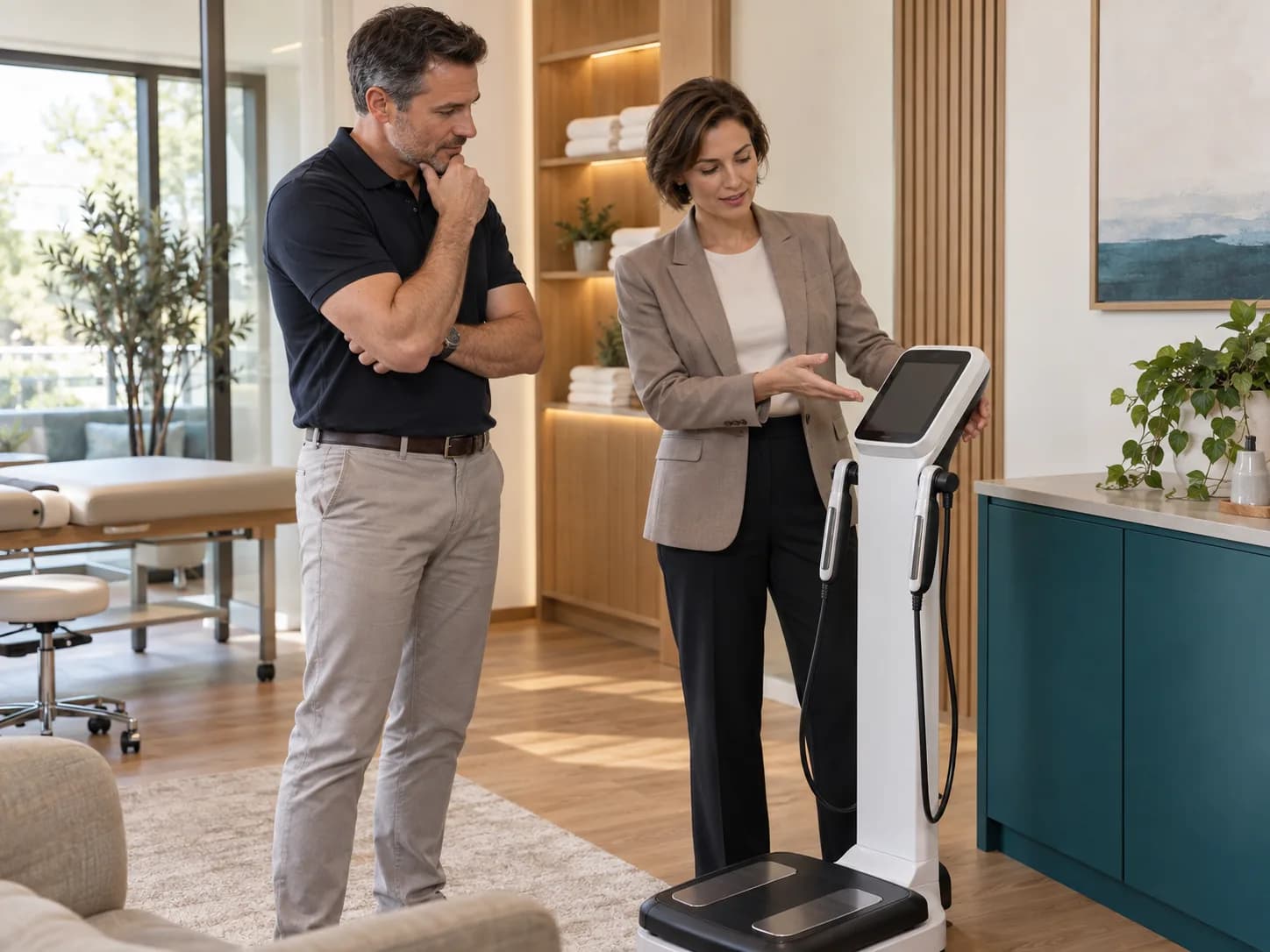 Illustration: two professionals discuss a body composition analysis station.
