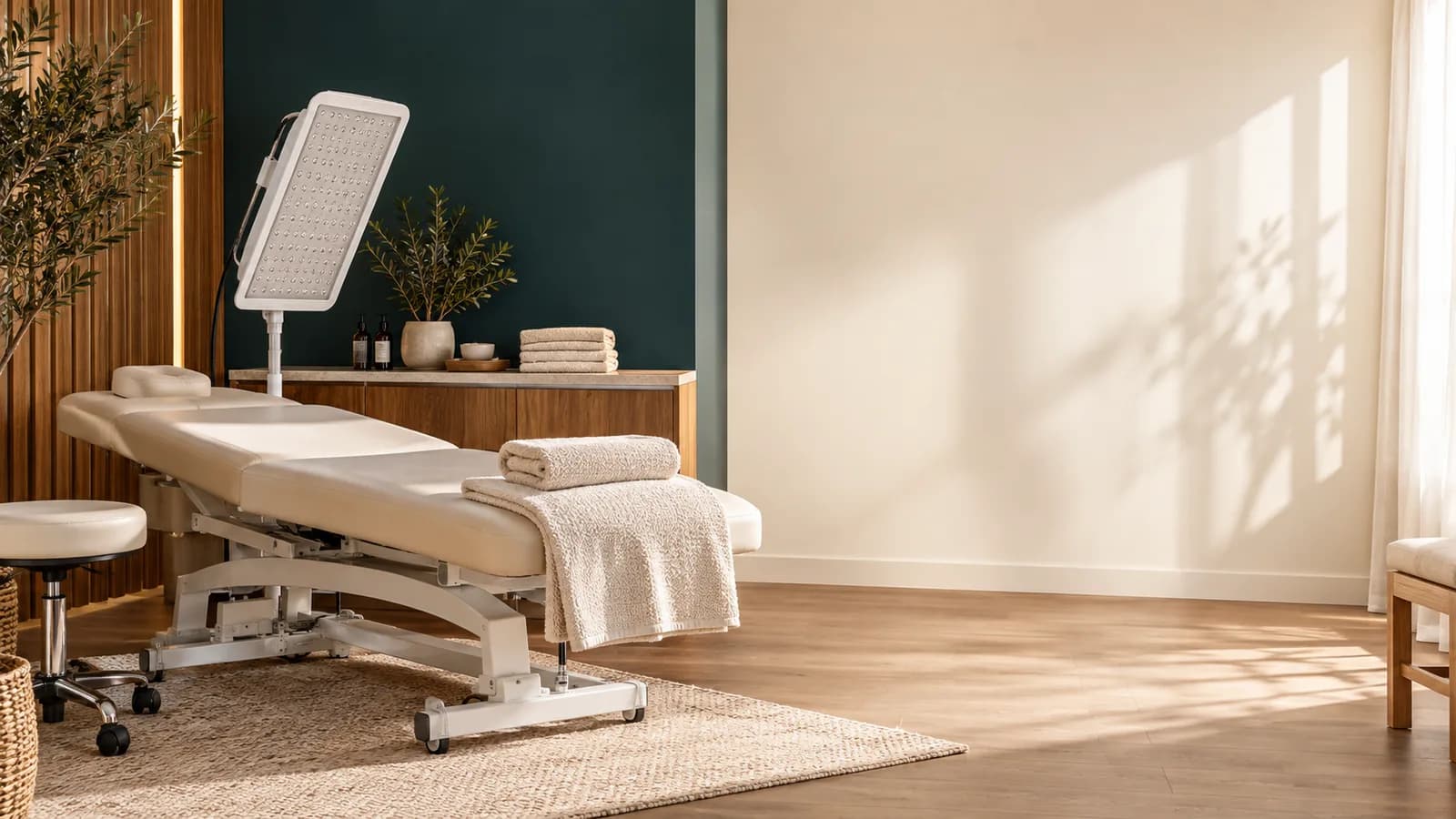 Illustration: an empty wellness treatment room with a couch and light therapy panel.