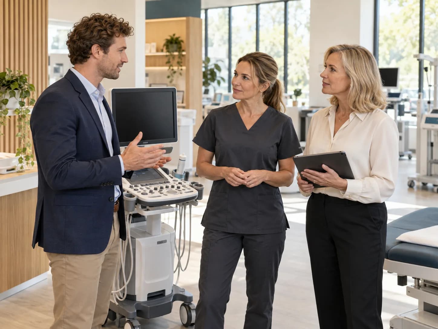 Illustration: three professionals discuss an ultrasound system in an equipment showroom.