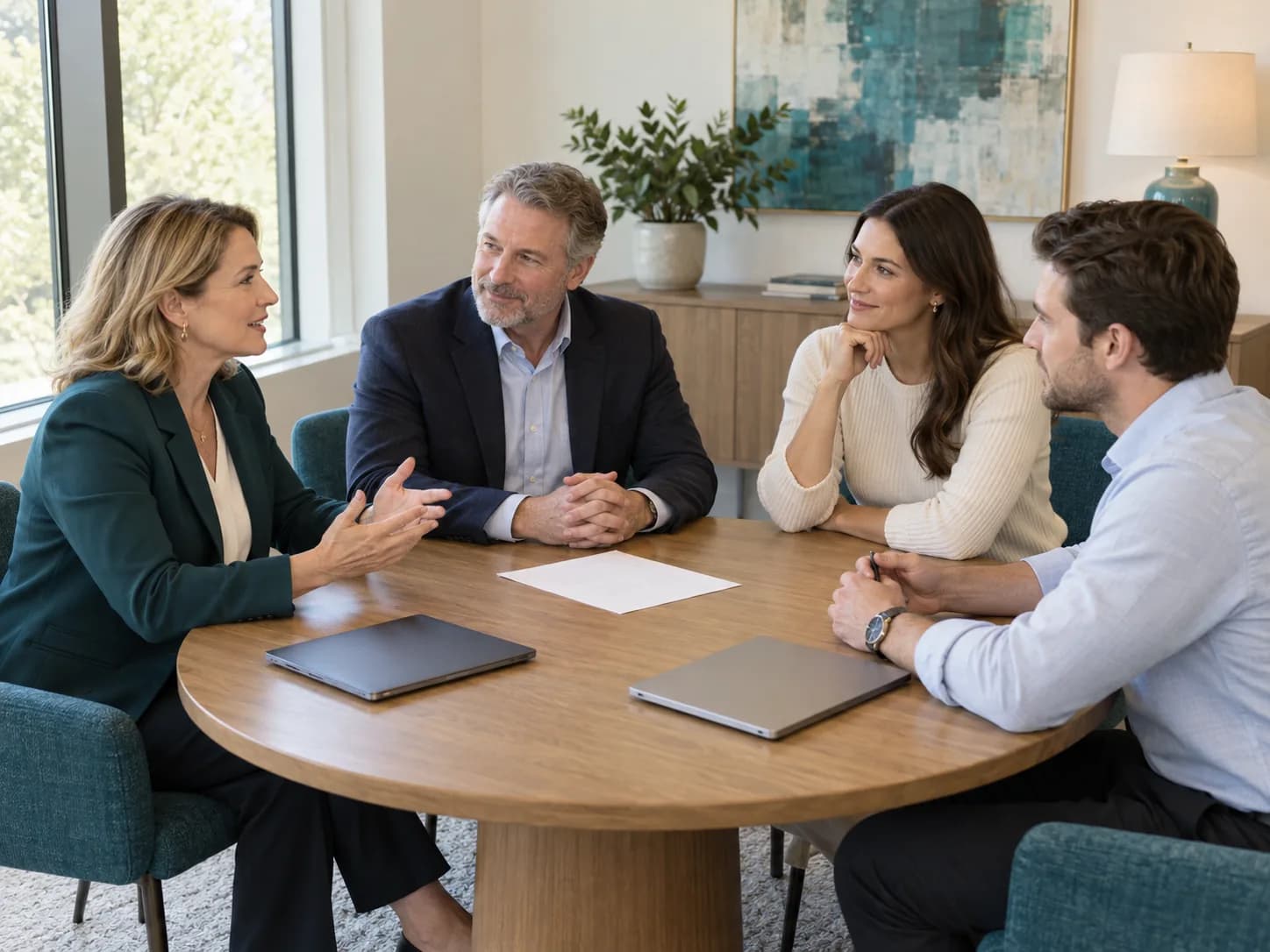 Illustration: four professionals discuss a document at a round meeting table.