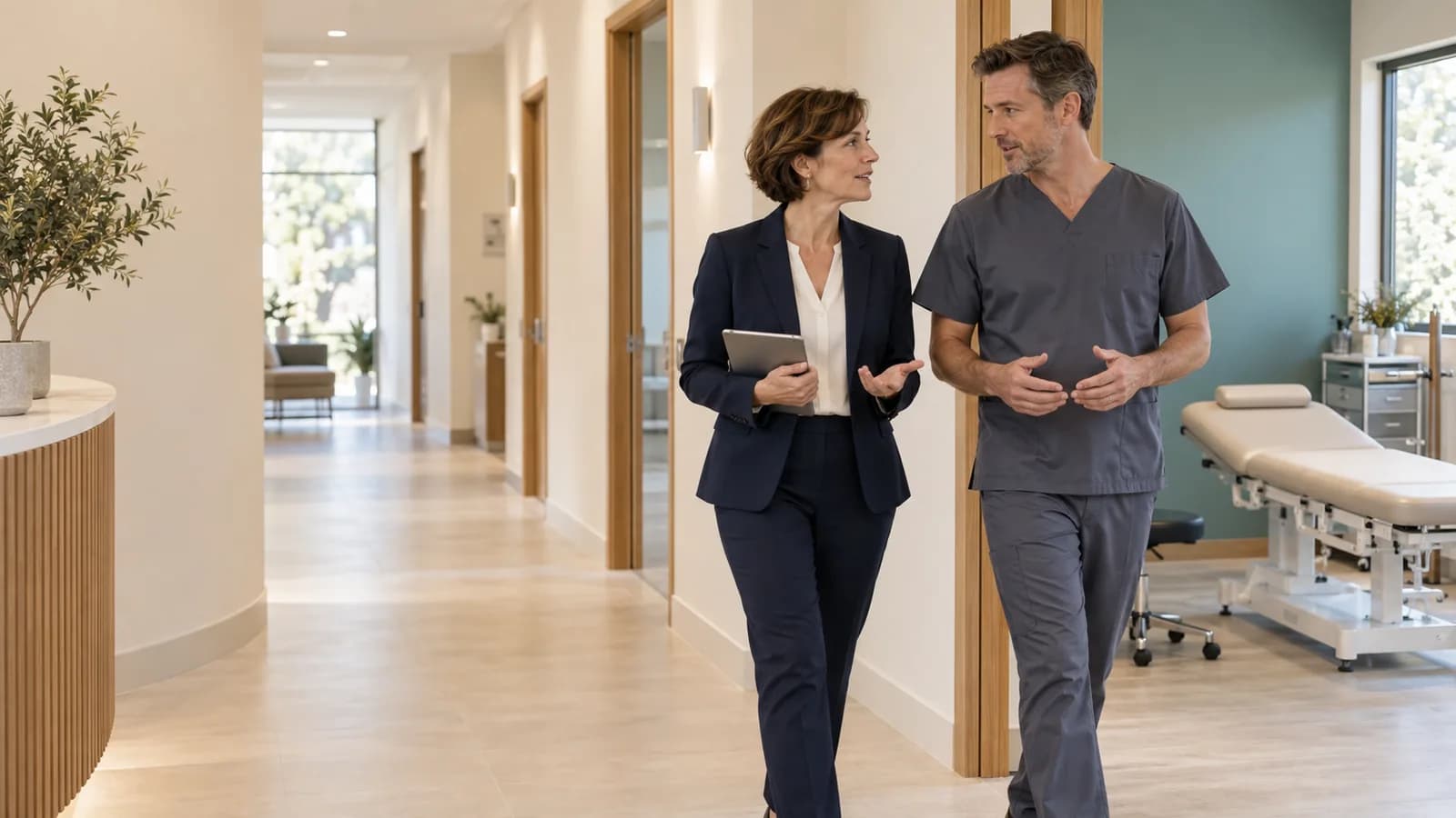 Illustration: a representative and clinician walk through a bright practice hallway.