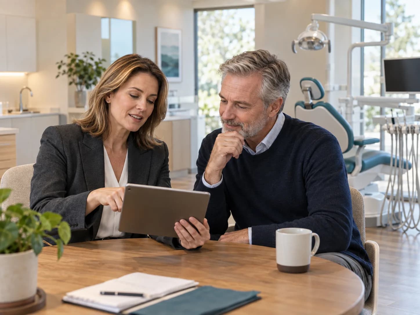 Illustration: two professionals review a tablet in a dental practice.