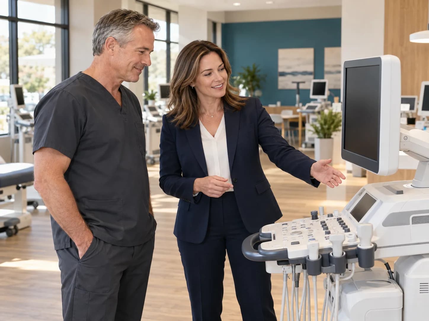 Illustration: a clinician and representative discuss an ultrasound system in a showroom.